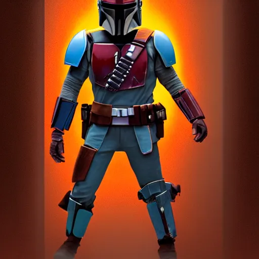 Prompt: portrait of the mandalorian, cinematic, orange and light blue lighting