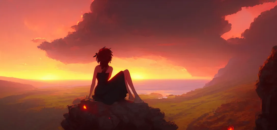 Prompt: a woman sitting on a cliff looking over a burning village, dramatic sunset, by ilya kuvshinov, krenz cushart, Greg Rutkowski, trending on artstation