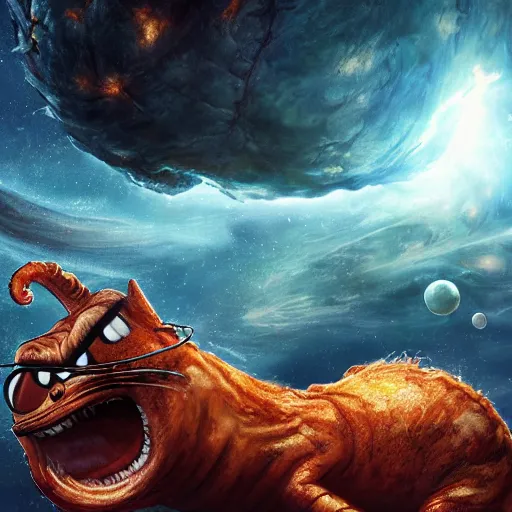 Image similar to eldritch horror bloody garfield in space, hd, 8 k, giant, epic, realistic photo, unreal engine, stars, prophecy, powerful, cinematic lighting, destroyed planet, debris, violent, sinister, ray tracing, dynamic, epic composition, dark, horrific, teeth, grotesque, monochrome drawing, hellscape