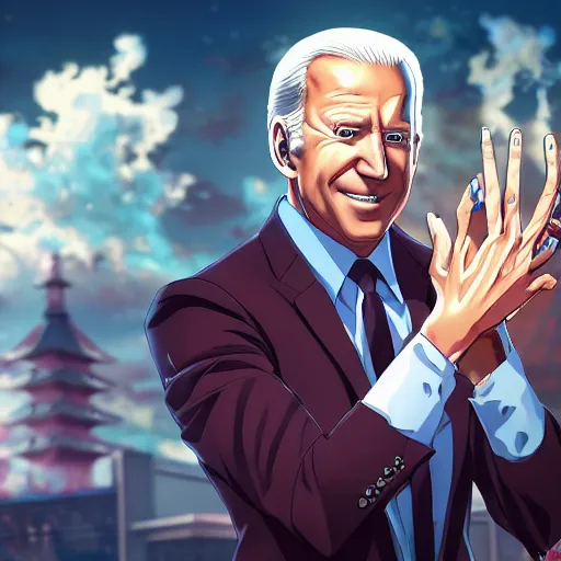 Prompt: photorealistic Joe Biden if he were an evil anime villain, anime key visual, evil, chaos, ornate, horror, detailed, colorful, digital art, anime screenshot, kyoto animation, makoto shinkai, trending on artstation