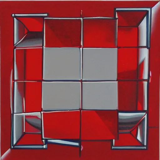 Prompt: chrome spheres on a red cube, lithography