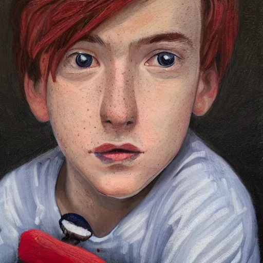 Prompt: face portrait of a teen boy with short red hair and a lot of freckles and blue eyes and a long nose, highly detailed, painting