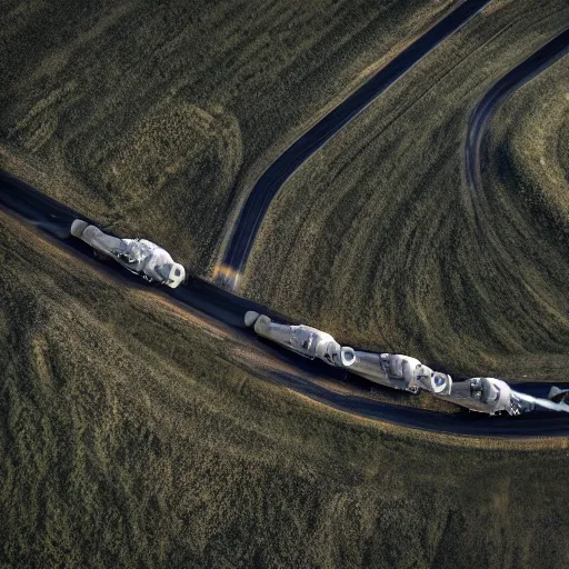 Image similar to an aerial photo of a convoy of futuristic tanks riding in a long line into a smoky hole in the ground, moody cinematic light