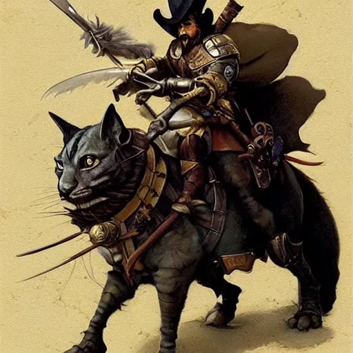 Image similar to ( ( ( brigganock dressed like a musketeer riding a tortoiseshell cat ) ) ), d & d, fantasy, medieval, greg rutkowski, frank frazetta, alexandre chaudret, boris vallejo, michael whelan, miro petrov, magali villeneuve