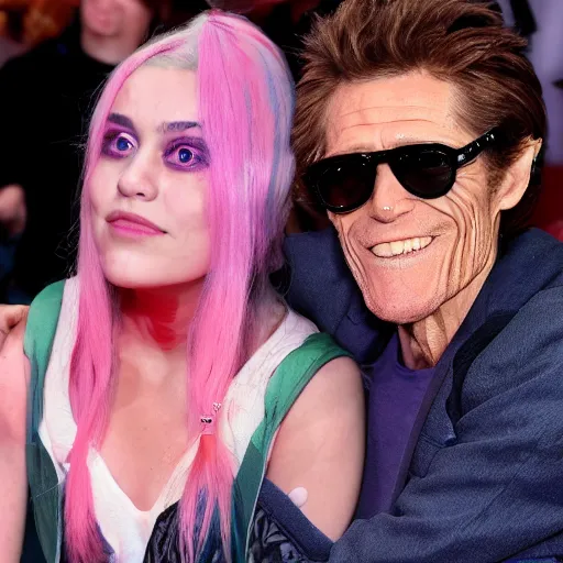 Image similar to willem dafoe holding hands with billie elish 4k