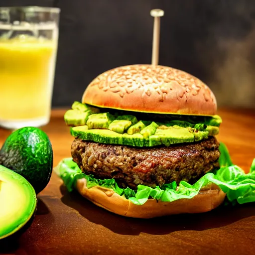 Image similar to a hamburger with too much avocado, 8 k resolution, amazing food photography