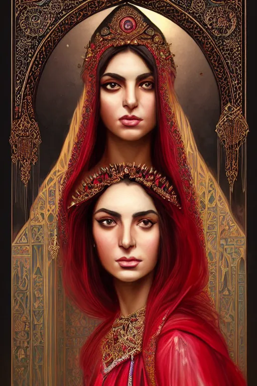 Prompt: Beautiful portrait of a Persian Princess who is an architect, beautiful princess, face painting, architecture, persian style architecture, dramatic lighting, intricate, wild, highly detailed, digital painting, artstation, concept art, smooth, sharp focus, illustration, black+velvet+red, art by artgerm and greg rutkowski and alphonse mucha, footage from space camera