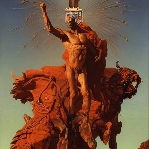 Prompt: portrait of immense, majestic, surreal, terrifying joe!!!! biden!!! standing triumphant over the city, perfectly clear face, by j. c. leyendecker, bosch, and beksinski