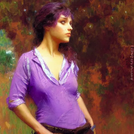 Prompt: a woman in a purple shirt with a normal body type, painting by Gaston Bussiere, Craig Mullins