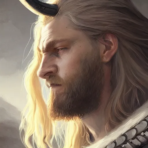 Prompt: a beautiful artwork side profile portrait of a viking warrior with long blonde hair and beard with horns by greg rutkowski , featured on artstation, norse mythology, valhalla