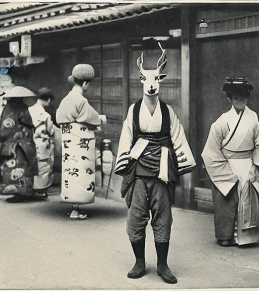 Image similar to 1 8 th century japanese street market in kyoto 1 9 0 0 s early photography portrait anthro anthropomorphic deer head animal person fursona wearing clothes street trader
