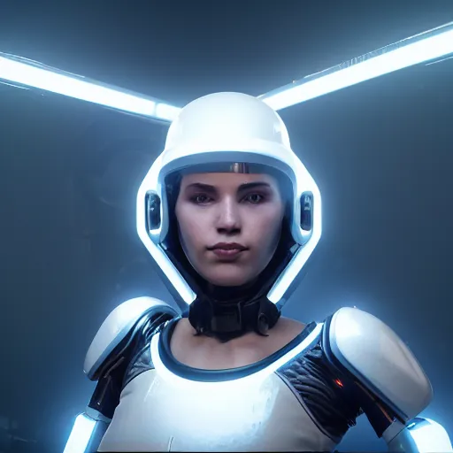 Image similar to portrait of a cyborg woman in white sci - fi helmet stylized as cyberpunk 2 0 7 7 style game design fanart by gervasio canda, greg rutkowski, shishkin, neon glow, volumetric illumination, ray tracing, cryengine, hdr render in unreal engine 5