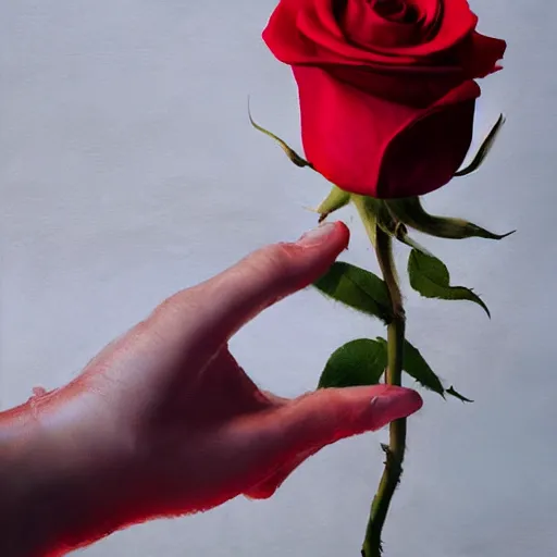 Prompt: hyperrealistic hand holding a red rose by ruan jia and greg rutkowski