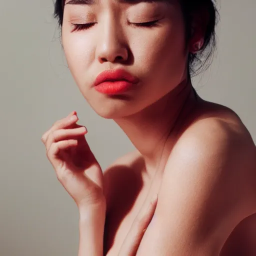 Prompt: Portrait photo of model Raquel Juarez posed in profile, eyes closed, natural makeup, studio lighting, highly detailed, cinestill 800t