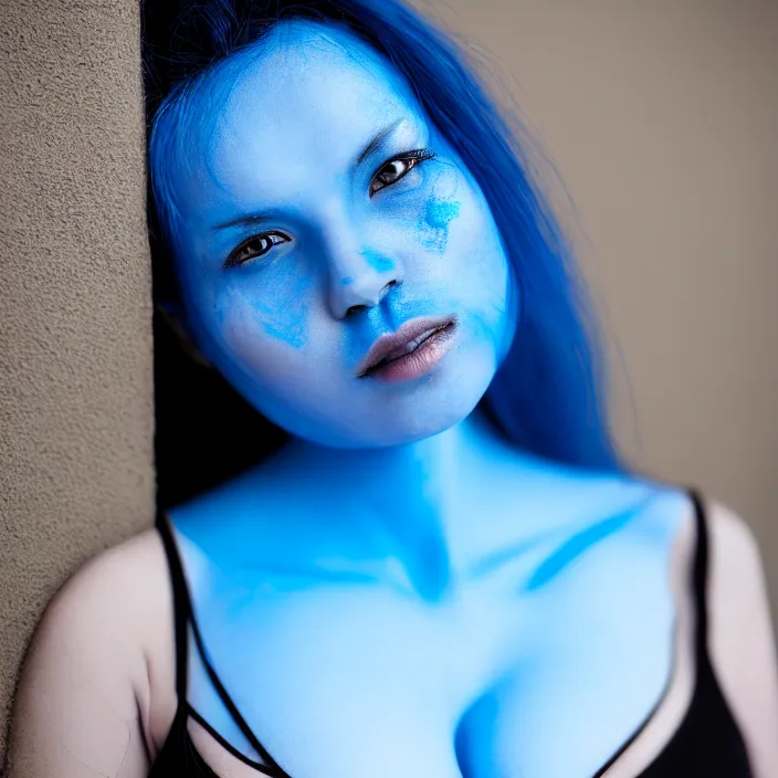 Prompt: photograph of a woman with blue skin!!!!!!!!!!. extremely detailed. dslr. 5 0 mm.