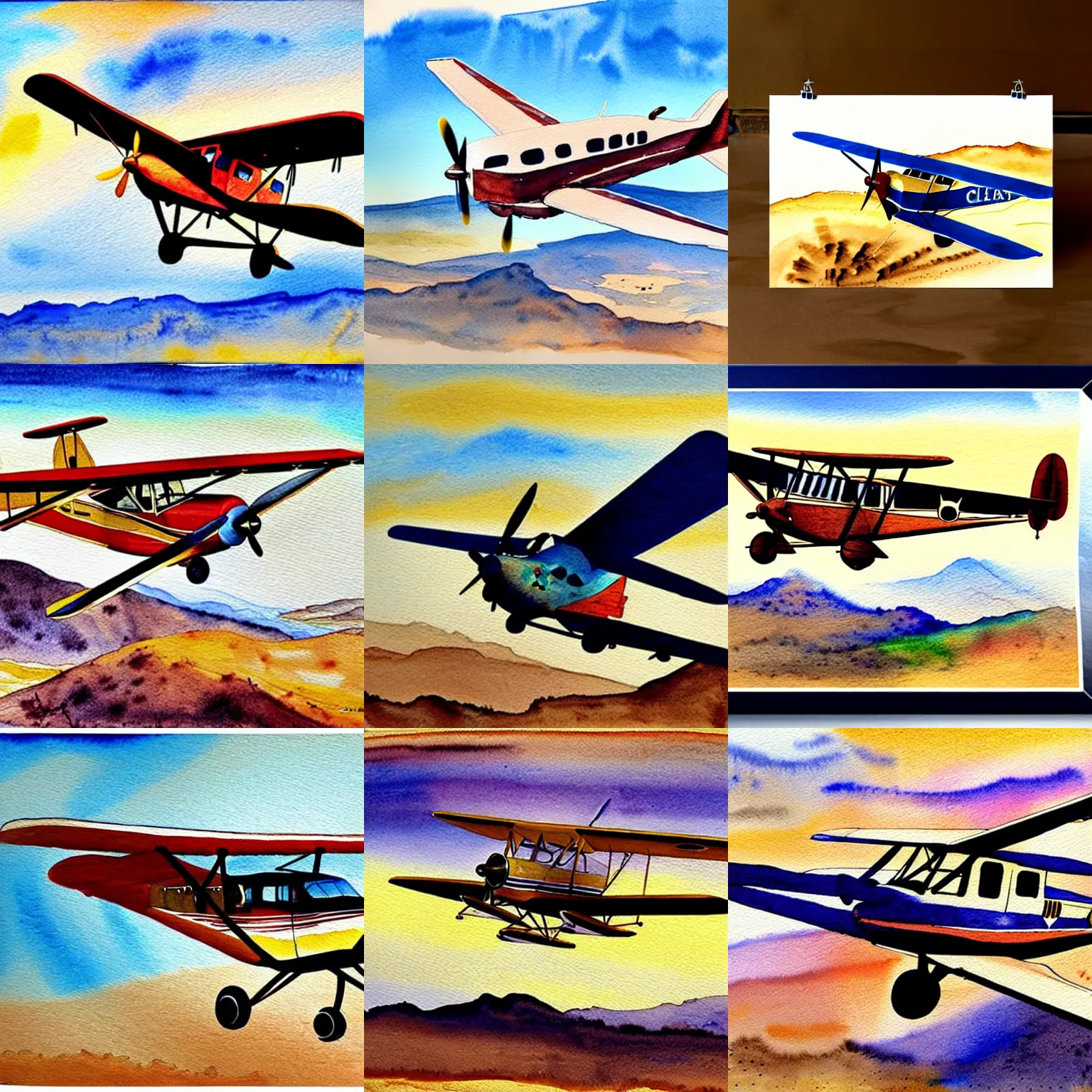 Prompt: a cessna airplane flying over a california desert, a detailed watercolor painting in the style of rembrandt, da vinci. watercolor painting of a cessna plane on poster board