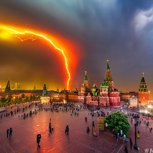 Image similar to a fiery thunderstorm with a tornado over red Square in Moscow