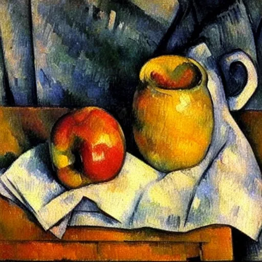 Image similar to Still life oil painting of an apple and a mug of coffee on a school desk, Paul Cezanne, 1895, award-winning, realistic, oil painting, dynamic lighting