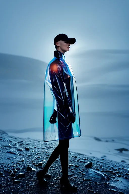 Image similar to an ultra high definition professional high fashion portrait studio full length photograph of a model wearing a transparent pearlescent raincoat and neon visor in an icelandic black rock environment at dawn. no artefacts. extremely detailed. stark. refraction. shallow depth of field. volumetric light and shadow. ray tracing. light rays.