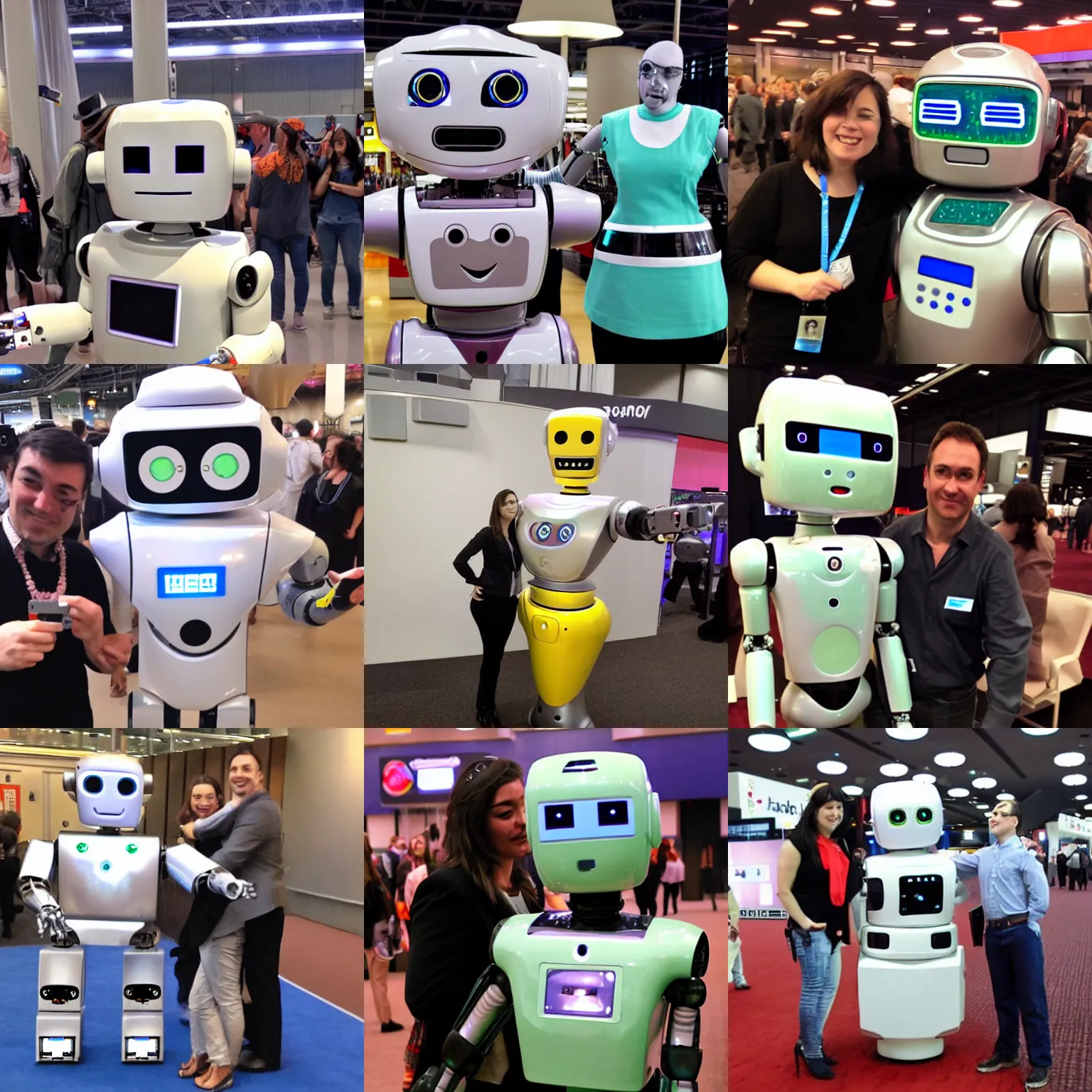 Prompt: <robot attention-grabbing type='factory defect' wants='hug now' expression='need hug' location='las vegas convention center'>selfie with an absurd robot</robot>
