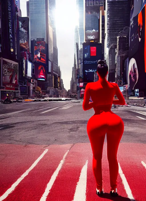 Prompt: kim kardashian, centered full body rear-shot, pov from rear, in red sportswear, real photo, photoshooting, studio light, nyc times square background, intricate, epic lighting, cinematic composition, hyper realistic, 8k resolution, unreal engine 5