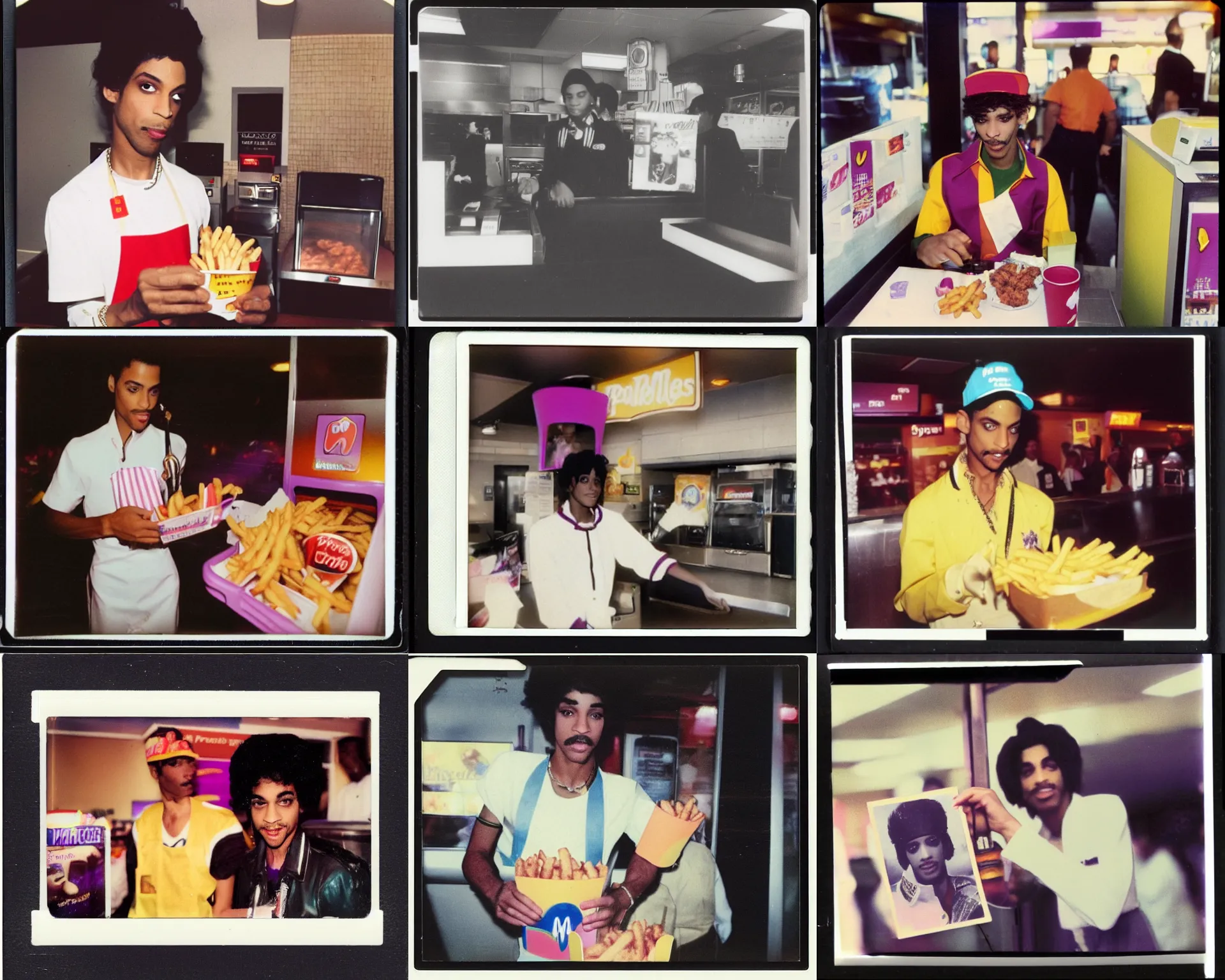 Prompt: prince rogers nelson working at mcdonalds serving fries, polaroid colour faded