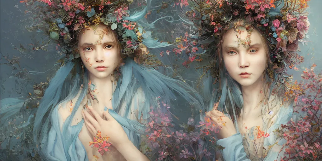 Image similar to breathtaking detailed concept art painting portrait of the hugs goddess of light blue flowers, carroty hair, orthodox saint, with anxious piercing eyes, ornate background, amalgamation of leaves and flowers, by hsiao - ron cheng, extremely moody lighting, 8 k