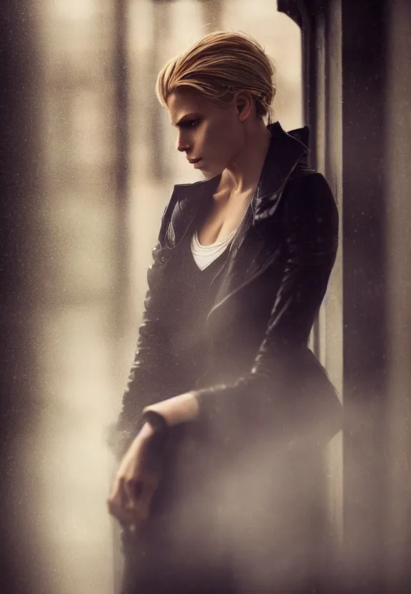 Prompt: cosmopolitan model annie leonhart posing in dunwall city, beautiful face, detailed face, realistic eyes, cinematic lighting, rainy weather, melancholy atmosphere, volumetric light, gothic architecture, realistic reflections, model agency, instagram photo, depression atmosphere, shot on sony a 7