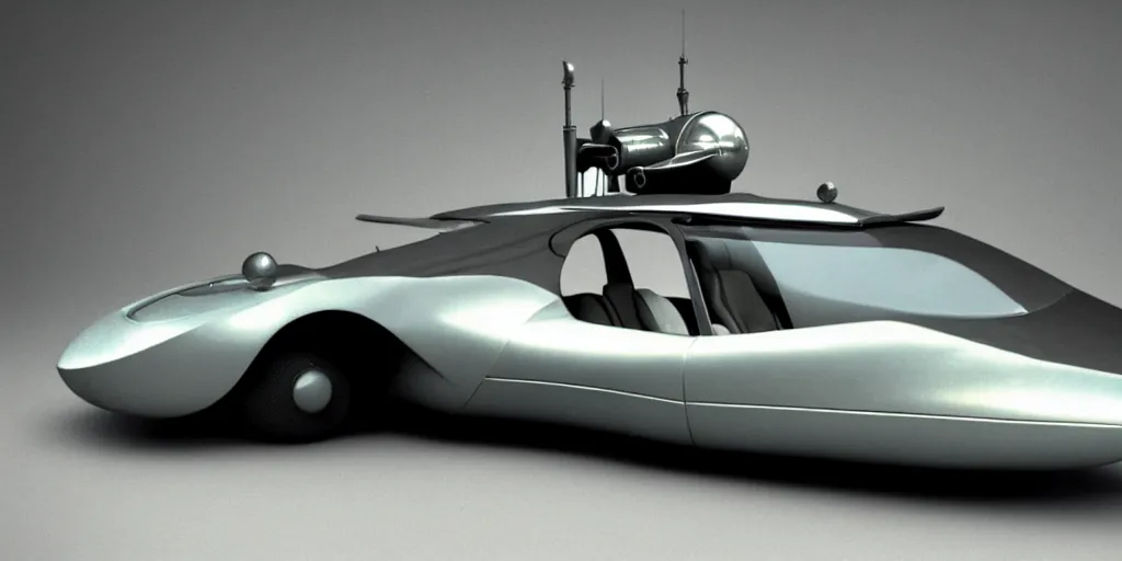 Image similar to a vintage sci fi futuristic car
