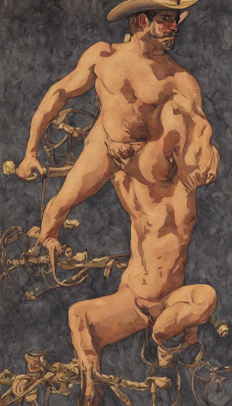 Prompt: a beautiful painting of a shirtless cowboy with a mustache, chubby, homoerotic, tarot card, art deco, art nouveau, by Charles Maurice Detmold, by artgerm, trending on artstation