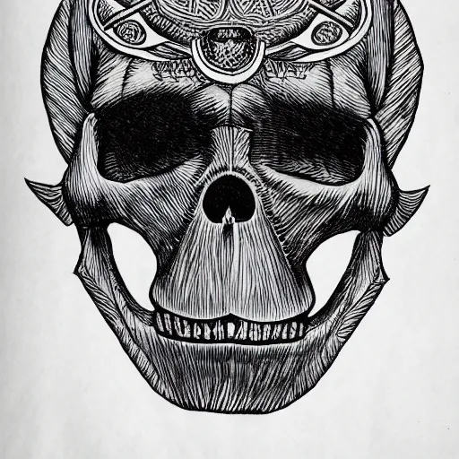 Image similar to a humanoid chimp skull hovering over a star pattern, 2 handguns are crossing in the middle of the picture ultra detailed, fine line pen drawing on parchment, symmetrical, stylish