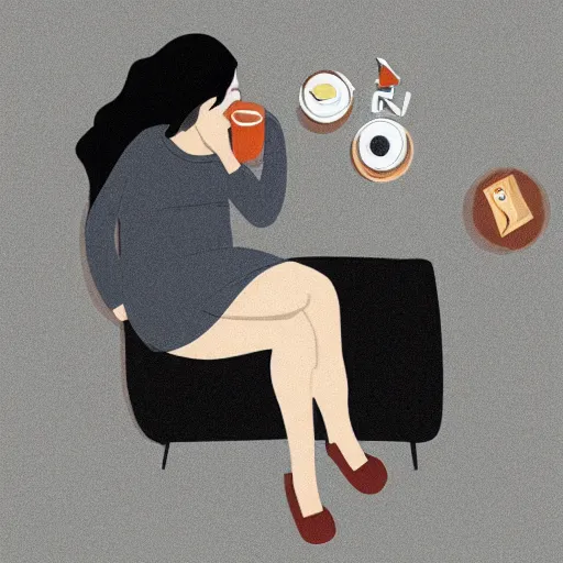 Prompt: woman in a room drinking coffee on the couch and listening to music, overhead view, illustration by adrian tomine
