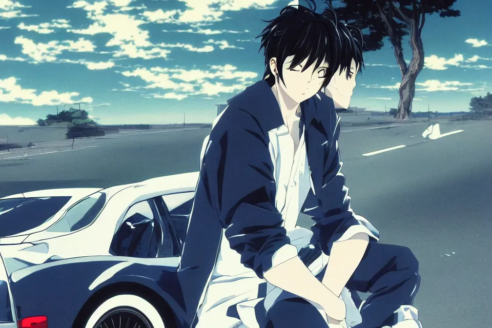 Prompt: aesthetic anime portrait illustration of ryosuke takahashi with black hair, dark blue shirt and white pants, standing by his white glossy mazda rx 7 on an empty highway at sunrise, cinematic lighting, initial d anime 1 0 8 0 p, 9 0 s anime aesthetic, volumetric lights, rule of thirds, unreal engine 5 render, pinterest wallpaper, trending on artstation