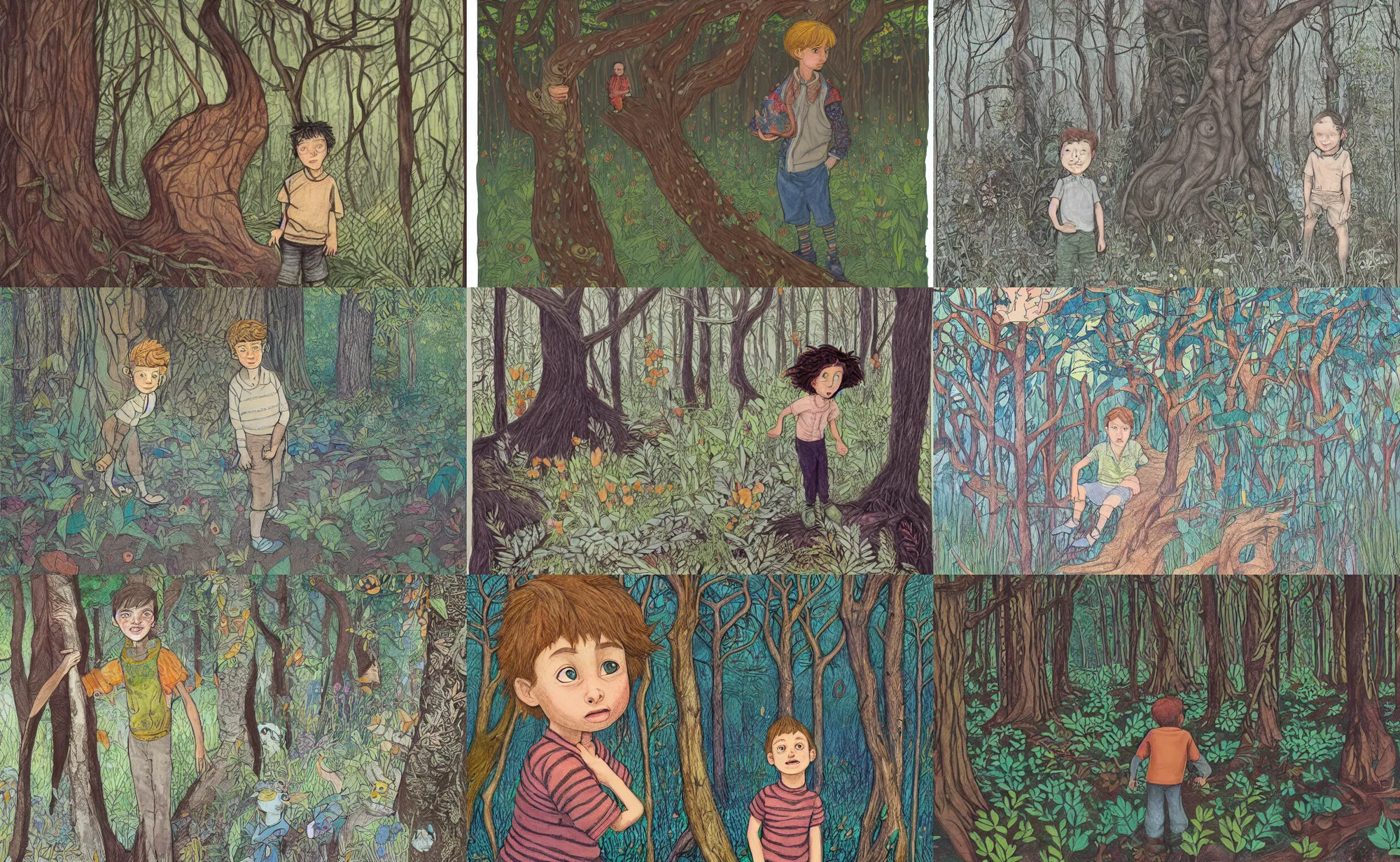 Prompt: children book illustration of boy in forest, by beatrice blue, by julia sarda, by loish, by szymon biernacki. dark guache, pastels. pencils. dark. complex pattern figurative ornamental. patterns intricate. detailed, textured, orthoview