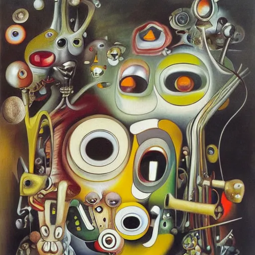 Image similar to Oil painting by Roberto Matta. Strange mechanical beings kissing. Close-up portrait by Takashi Murakami. Dali.