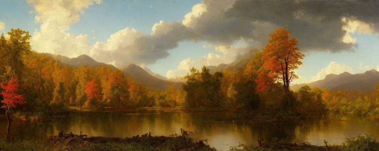 Image similar to beautiful forest scenery, distant mountains, river flowing through the verdant underbrush, distant clouds, cloud shadow, late autumn, painting by albert bierstadt and thomas cole