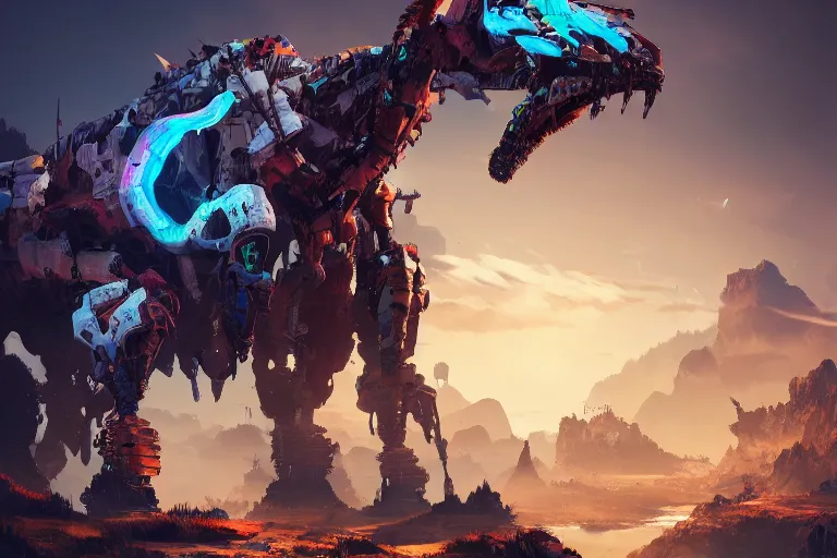 Image similar to grimhorn fanghorn machine mecanical creature robot of horizon forbidden west horizon zero dawn bioluminiscence global illumination ray tracing hdr fanart arstation by ian pesty and alena aenami artworks in 4 k