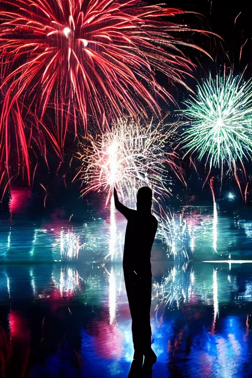 Prompt: scooter techno standing in water with fireworks in background, full body, reflection in water, volumetric lighting, golden ratio