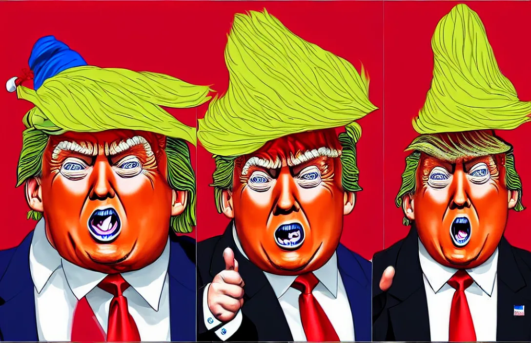 Image similar to donald trump as an oompa loompa, in the style of kim jung gi