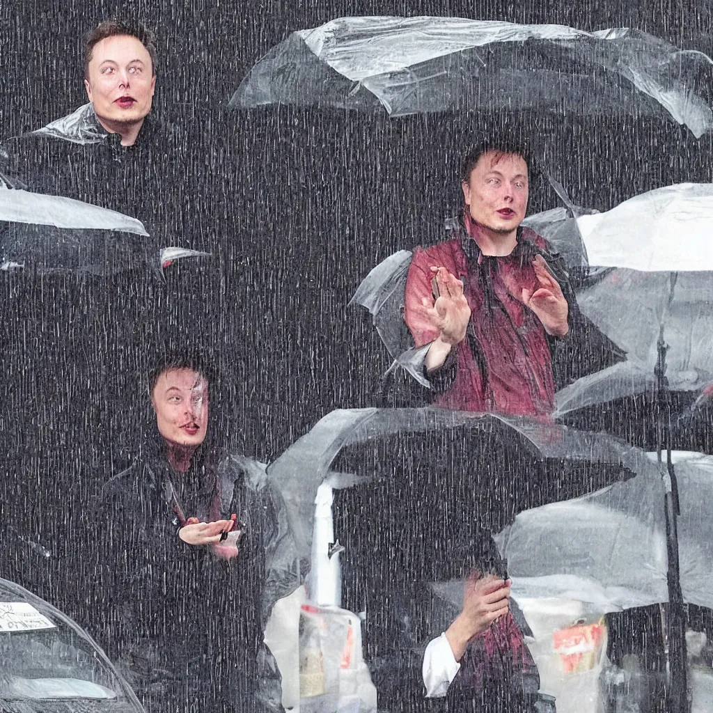 Image similar to a picture of elon musk sitting in the rain begging for money, depressing photograph, elon musk is sad,