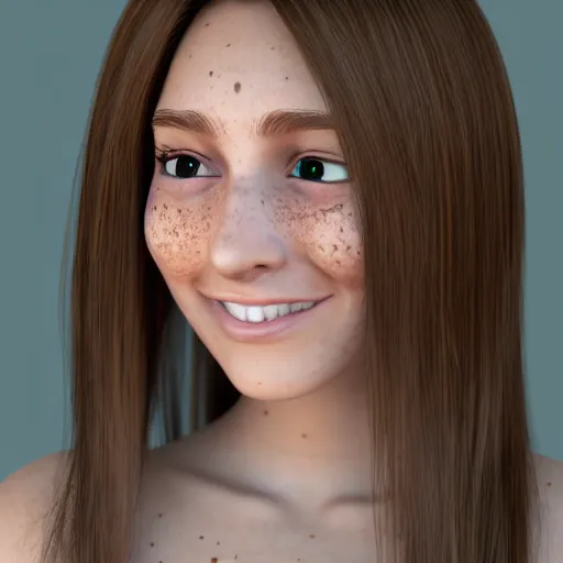 Image similar to Render of April, a cute 3D young woman, long shiny bronze brown hair, full round face, green eyes, light tan skin cute freckles, light blush, smiling softly, wearing casual clothing, interior lighting, cozy living room background, medium shot, mid-shot, hyperdetailed, hyperreal, trending on Artstation, Unreal Engine 4k