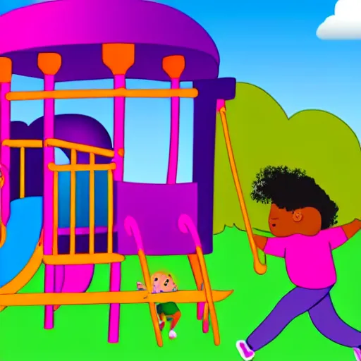 Image similar to cartoon of children playing in the playground and a man with purple clothes standing behind them