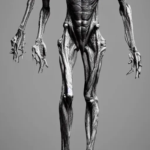 Image similar to standing photorealistic detailed tall skinny humanoid creature, extremly detailed, black and white, 8 k, realistic, sharp focus, cosmic horror creature, cosmic horror