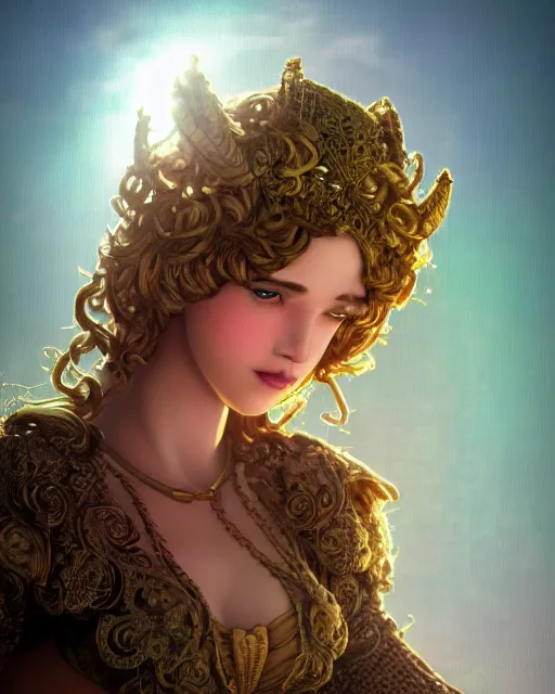 Image similar to macro closeup headshot of a beautiful seductive crochet doll wearing full plate armor, d & d, fantasy, rim light, volumetric lighting, digital painting, artstation, concept art, smooth, sharp focus, illustration, art by arney freytag, glamour pose, greg rutkowski, maxfield parrish and alphonse mucha, sunrise, new art nouveau, soft ambient lighting, particle effects