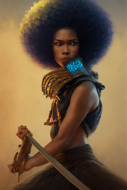 Image similar to samurai with afro, prism highlights, brown skin, blue eyes, telephoto, depth of field, cinematic, macro, concept art, art station, wepa digital, digital painting, elegant, epic, focus, octane render, v-ray, 8k, C4D, art by Karol Bak