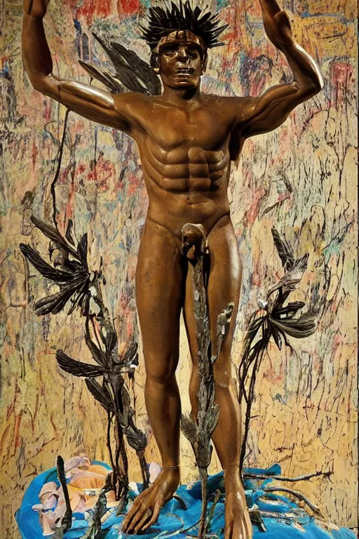 Prompt: Jean-Michel Basquiat as a bronze full-body statue of Icarus spreading his arms and arching his back for flight, glowing quartz crystal skull, wreath of ferns, flowing sakura-colored silk, fabric, flowers. baroque elements, human skull. full-length view. baroque element. intricate artwork by caravaggio. many many birds birds on background. Trending on artstation. halo. octane render, cinematic, hyper realism, octane render, 8k, depth of field, 3D