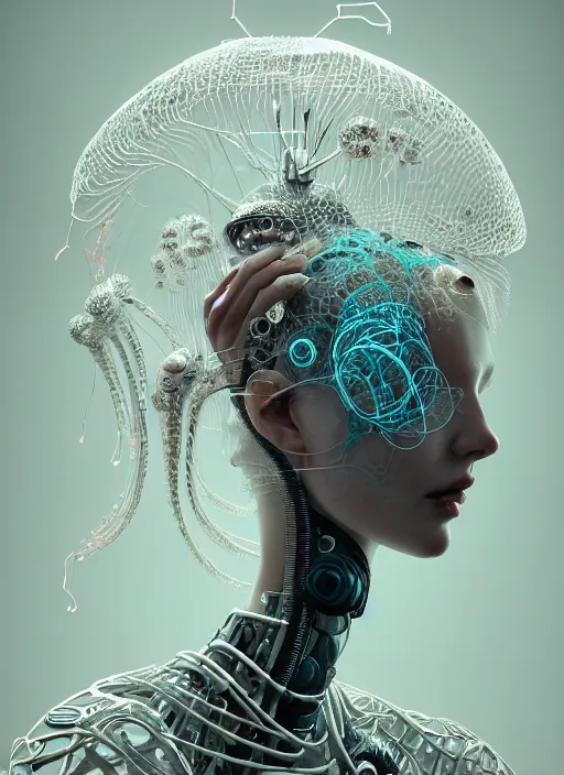 Image similar to portrait of an absurdly beautiful, graceful, sophisticated, fashionable cyberpunk mechanoid, hyperdetailed illustration by irakli nadar and vania zouravliov, matt wisniewski style, intricate linework, white porcelain skin, coral jellyfish headdress, unreal engine 5 highly rendered, global illumination, radiant light, detailed and intricate environment