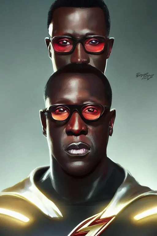 Image similar to Portrait of Wesley Snipes as Flash, DC, justice league, cinematic lighting, intricate, elegant, highly detailed, digital painting, artstation, painted by Artgerm and Mark Waid and Greg Rutkowski and Mandy Jurgens and Snyder