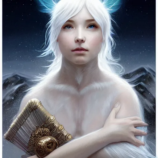 Image similar to portrait of mighty baby harp seal god, white hair, soft hair, d & d, powerful, ice and glaciers, arctic, fantasy, intricate, elegant, highly detailed, digital painting, artstation, concept art, smooth, sharp focus, illustration, art by artgerm and greg rutkowski and alphonse mucha