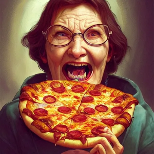 Image similar to portrait of evil grandma opening his mouth to eat pizza, highly detailed, digital painting, artstation, concept art, sharp focus, illustration, art by artgerm and greg rutkowski and alphonse mucha